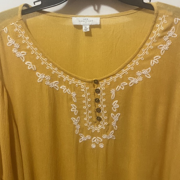 New Directions Embroidered Mustard Gauze Blouse with Bell Sleeves - Picture 2 of 7